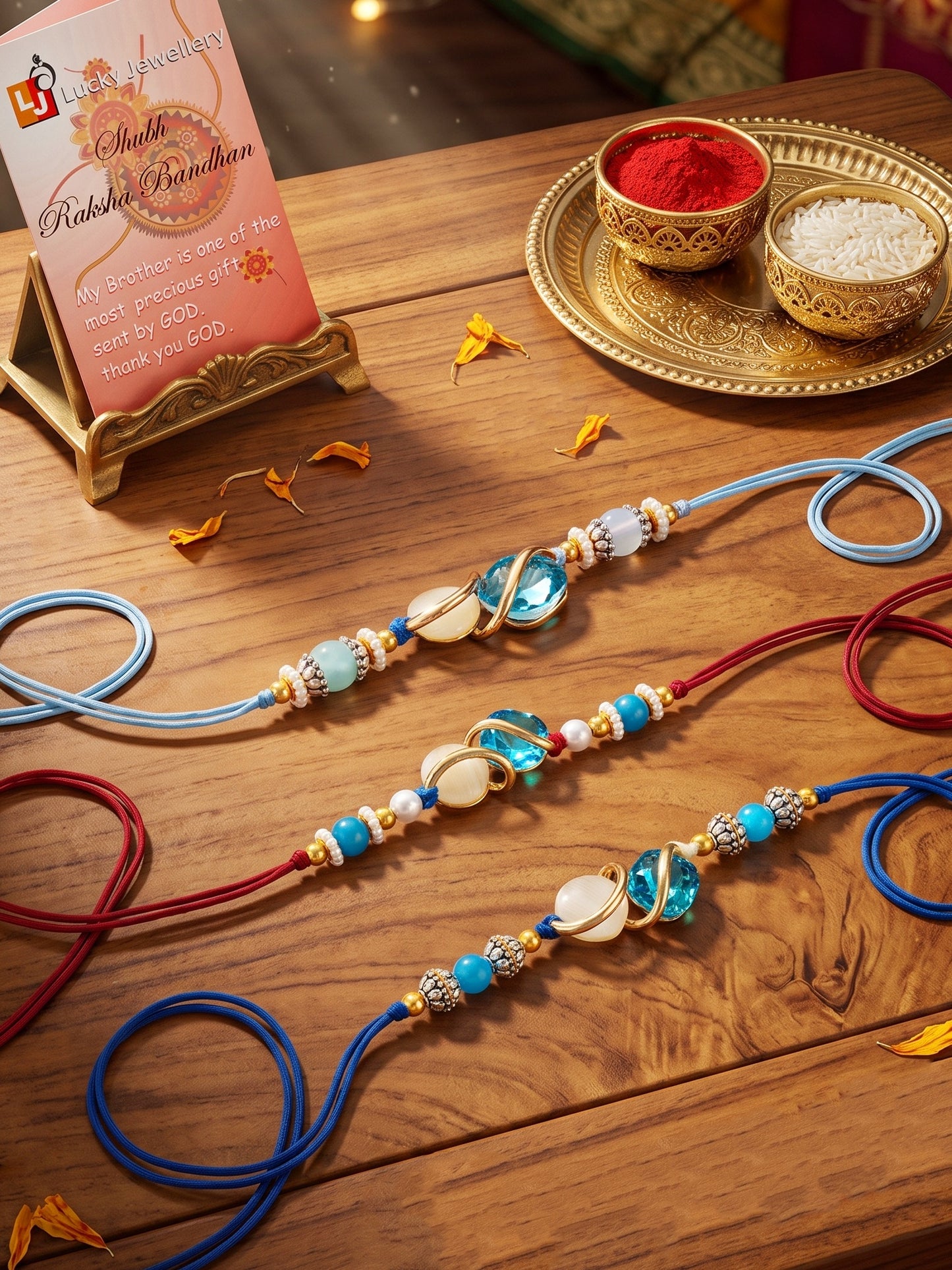 Designer Rakhi Set of 3: Blue Crystal, Cream Stone, Metallic Spacers, Roli, Chawal & Card (300-CHR1-1002A-3-2026)