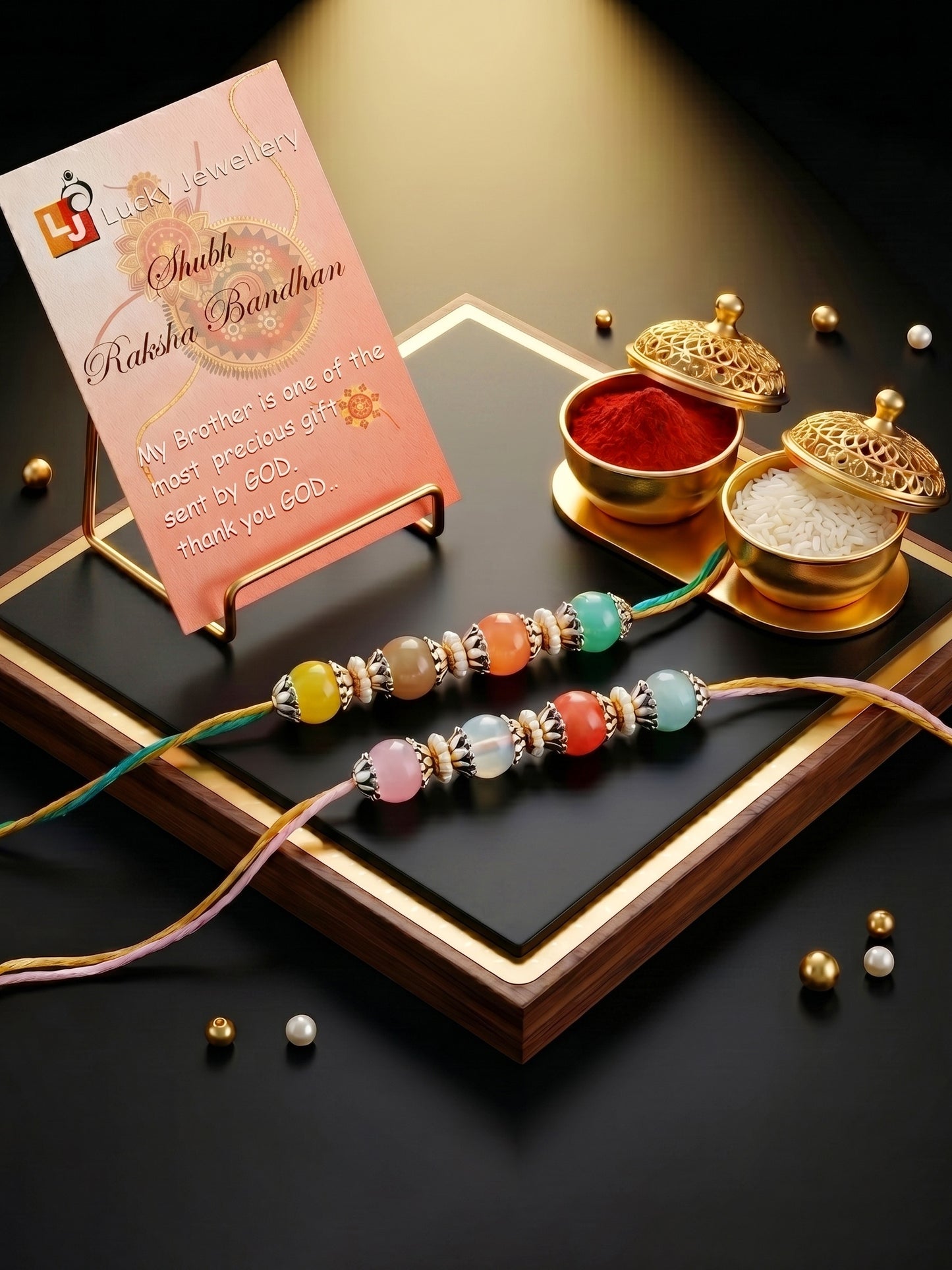 Set of 2 Multicolor Beaded Rakhi for Brother with Roli Chawal & Card (96-JPR1-1993-MT-S-2-2026)