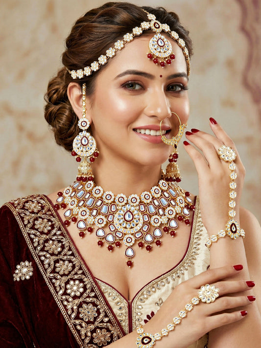 Bridal Kundan Maroon Choker Jewellery Set with Hathphool & Nath (2541-IZK-554-M)