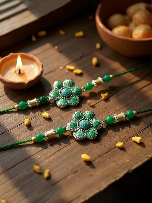 Lucky Jewellery Designer Oxidised Silver Rakhi - Rakshabandhan Green Color Meena Rakhee Bracelet for Brother/Bhaiya/Bhai/Bhabhi - Pack of 2 (106-CHR1-1967-G-S-2)