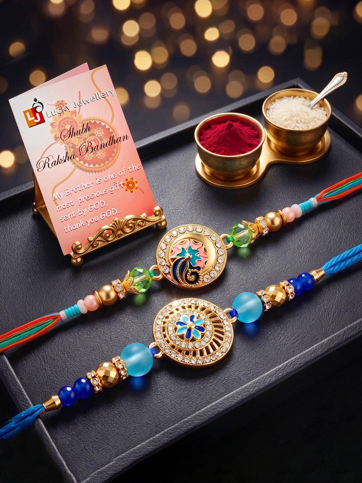 Lucky Jewellery Set of 2 Rakhi with Peacock & Floral Pendants, Blue & Green Beads, Roli Chawal & Card (173-S7R1-2317-2)