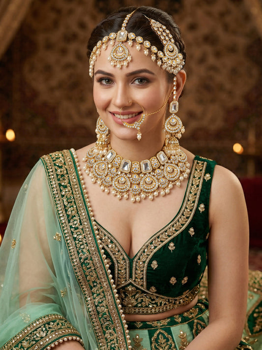 Bridal AD White Pearl Heavy Choker Jewellery Set with Sheesh Patti, Nath & Jhumka (3300-M8ZK-1106-W)