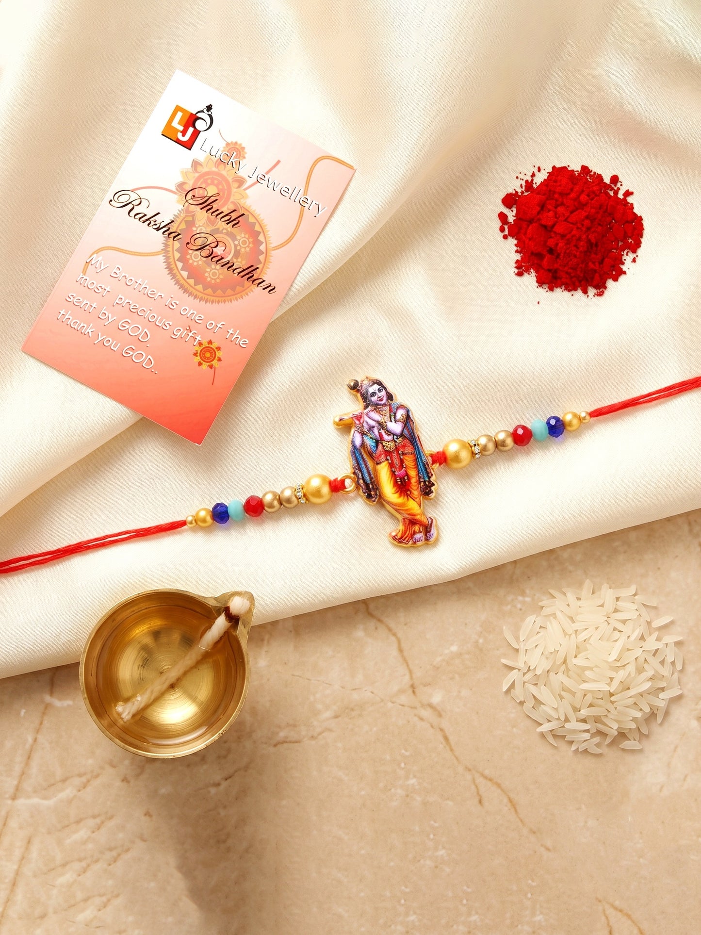 Spiritual Flute-Playing Krishna Beaded Rakhi Set For Brother With Roli Chawal & Card (84-S5R1-JCP328)
