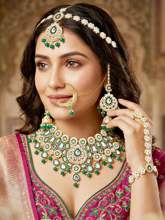 Bridal Kundan Green Choker Jewellery Set with Hathphool & Nath (2541-IZK-554-G)