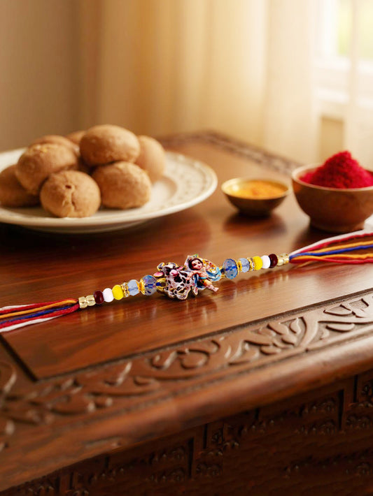Gold Plated Little Krishna Kids Rakhi Rakshabandhan Religious Rakhee for Bhaiya/Bhabhi - Pack of 1