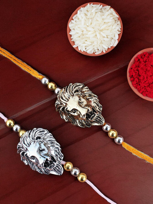Lucky Jewellery Designer Oxidised Gold and Silver Rakhi - Rakshabandhan Lion Face Design Rakhee Bracelet for Brother Bhaiya Bhai Bhabhi - Pack of 2 (250-CHR1-1175-2)