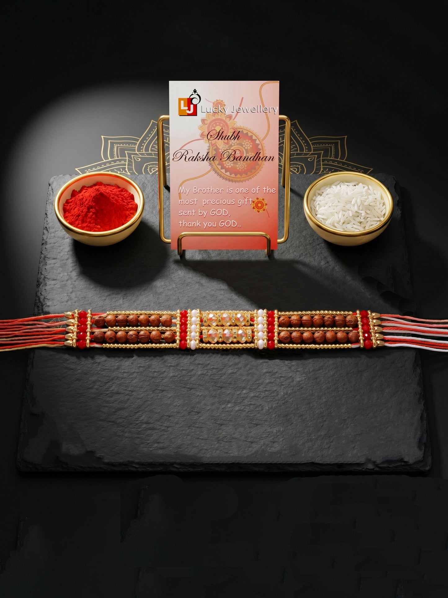 Designer Broad Bracelet Rakhi for Brother with Roli Chawal & Card | Multistrand Rudraksha Style Set (94-S7R1-EA3602)