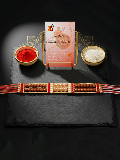 Designer Broad Bracelet Rakhi for Brother with Roli Chawal & Card | Multistrand Rudraksha Style Set (94-S7R1-EA3602)
