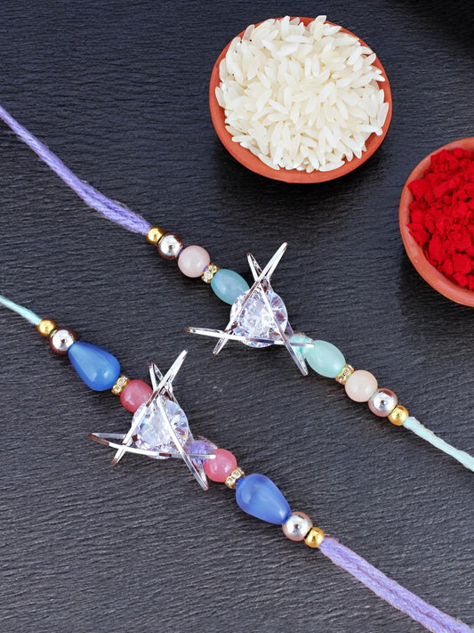 Lucky Jewellery Designer Silver Color Rhinestone Rakhi - Rakshabandhan Rakhee Bracelet for Brother/Bhaiya/Bhai/Bhabhi - Pack of 2 (225-CHR1-1004C-S-2)