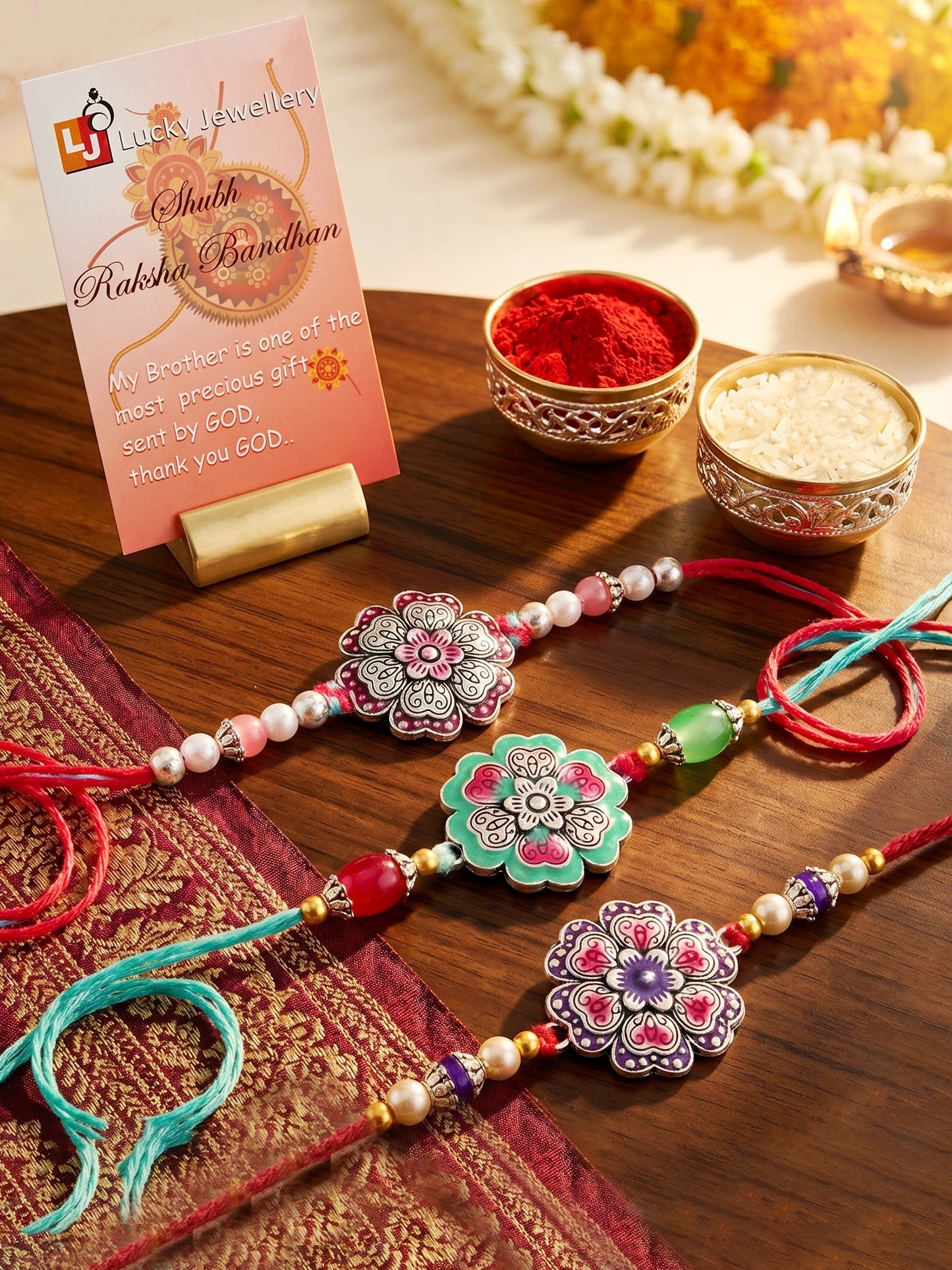 Set of 3 Floral Enamel Rakhi for Brother with Multi & Beads, Roli Chawal & Card (147-CHR1-1966-3-2026)