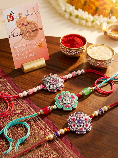 Set of 3 Floral Enamel Rakhi for Brother with Multi & Beads, Roli Chawal & Card (147-CHR1-1966-3-2026)