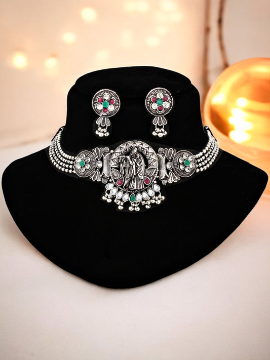Oxidised Silver Radha Krishna Temple Jewellery Choker Set for Women & Girls