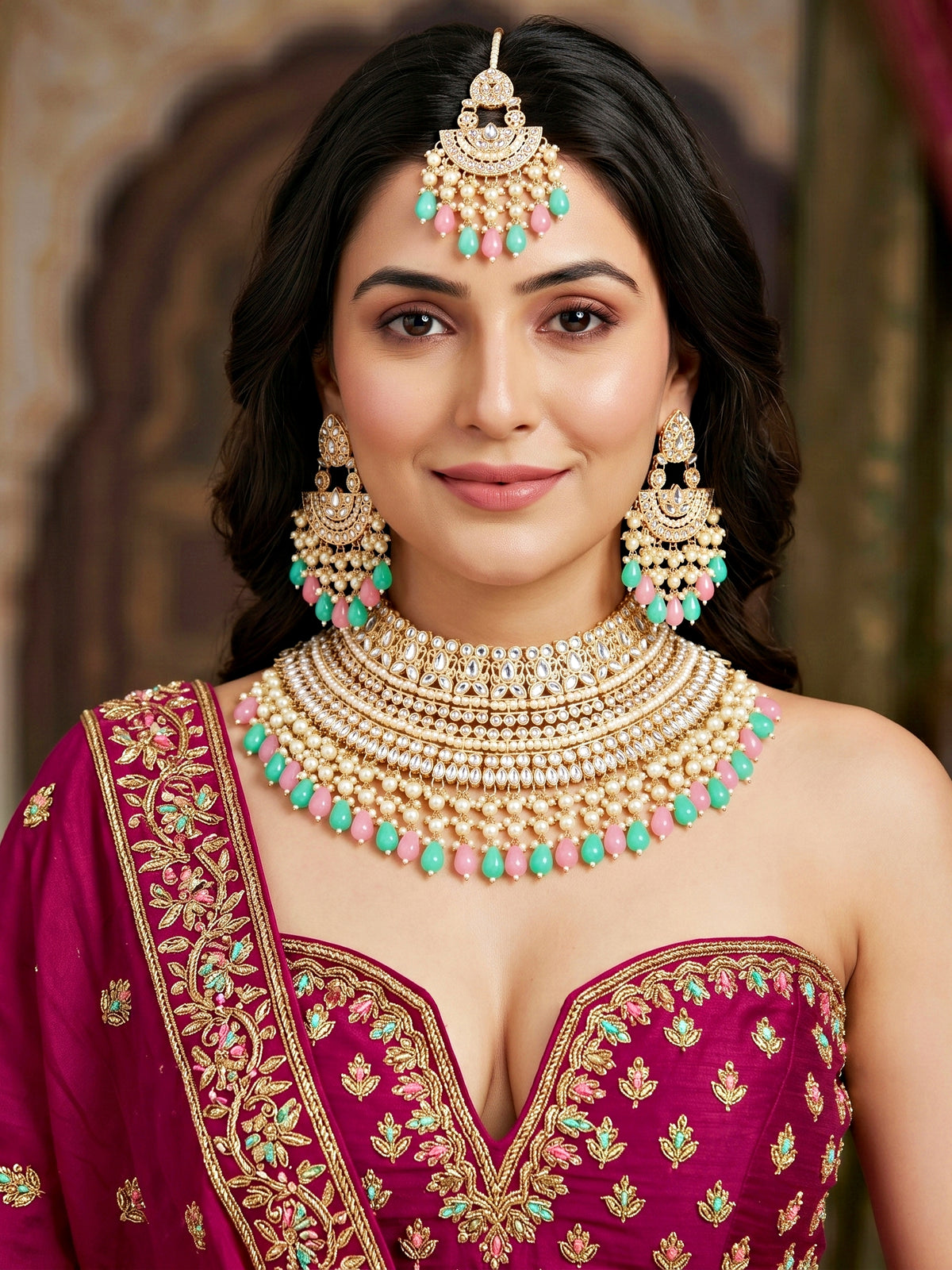 Gold Plated Kundan & Pearl Pink Mint Stone Bridal Choker Jewellery Set with Maang Tikka (1683-ISK-855-PKMNT)
