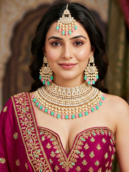 Gold Plated Kundan & Pearl Pink Mint Stone Bridal Choker Jewellery Set with Maang Tikka (1683-ISK-855-PKMNT)