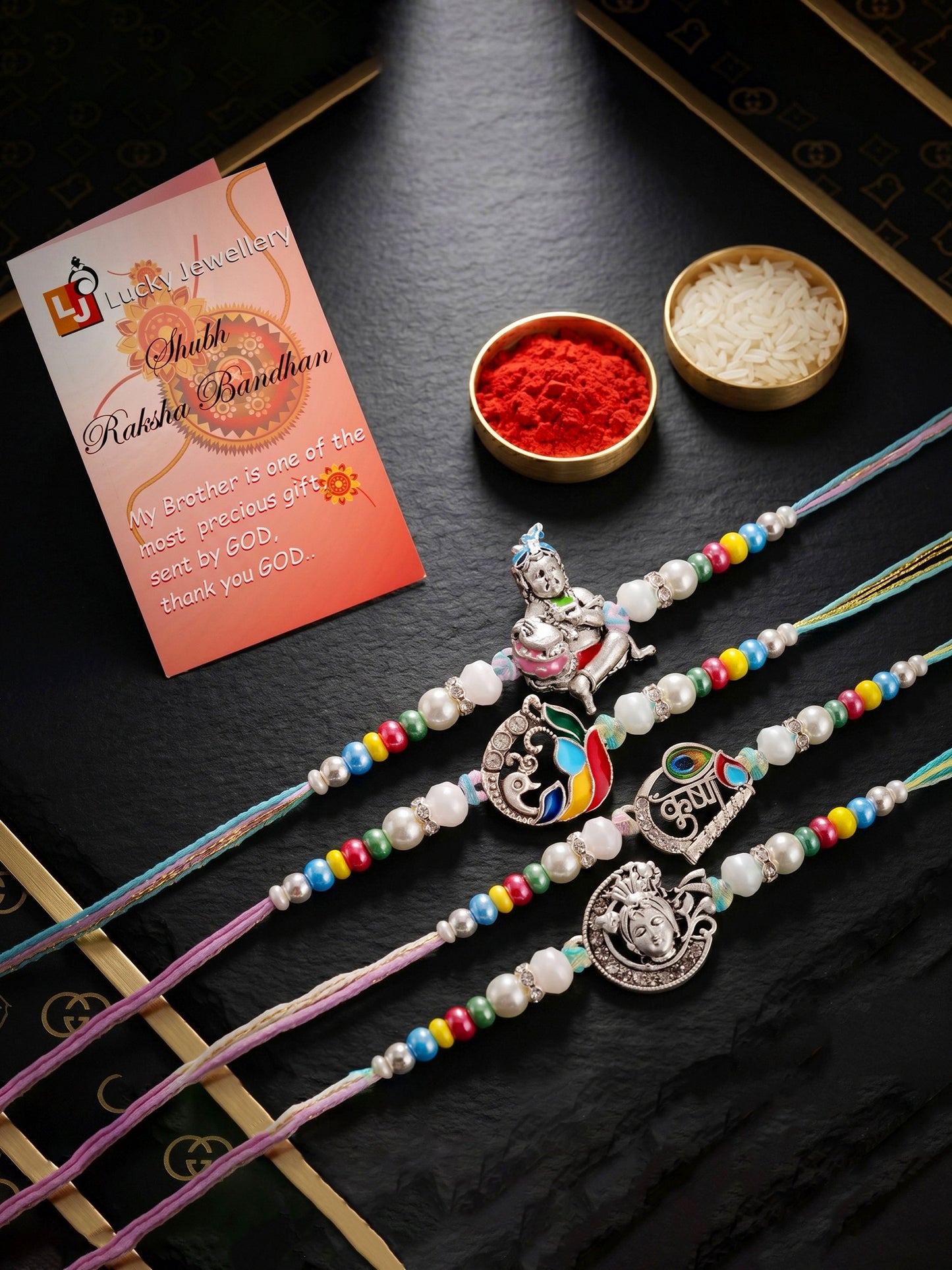 Lucky Jewellery Set of 4 Silver-Toned Bal Krishna & Peacock Rakhi for Brother | Designer Beaded Raksha Bandhan Threads with Roli, Chawal & Card (408-S5R1-2308-4)