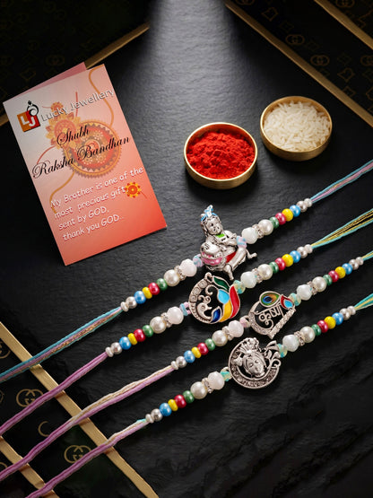 Lucky Jewellery Set of 4 Silver-Toned Bal Krishna & Peacock Rakhi for Brother | Designer Beaded Raksha Bandhan Threads with Roli, Chawal & Card (408-S5R1-2308-4)