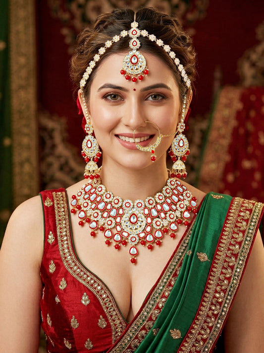 Bridal Kundan Bright Red Choker Jewellery Set with Hathphool & Nath (2541-IZK-554-RED)