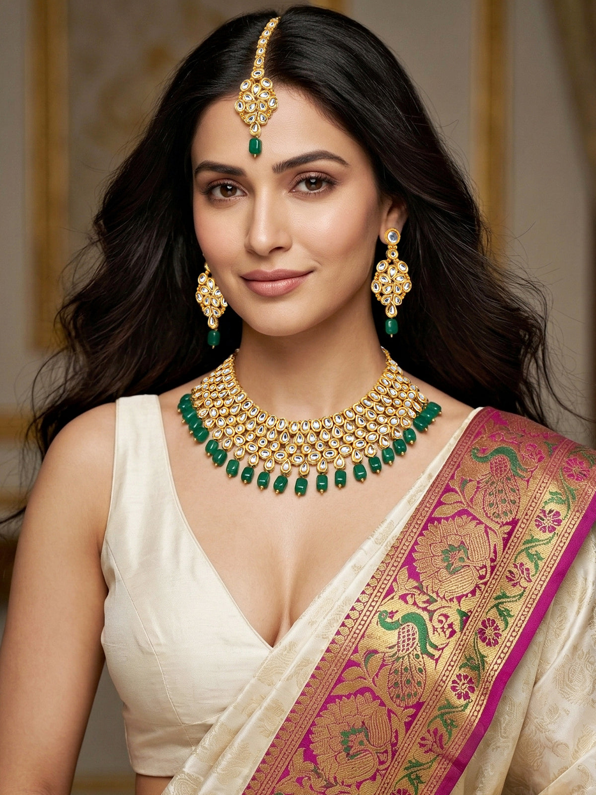 Handcrafted Kundan Green Beaded Choker Jewellery Set with Maang Tikka, 18K Gold Plated (842-B5SP-005-G)
