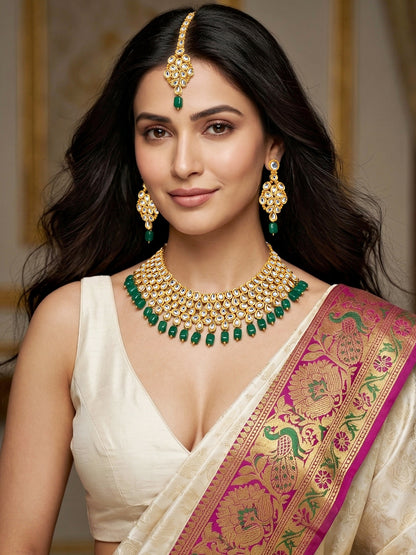 Handcrafted Kundan Green Beaded Choker Jewellery Set with Maang Tikka, 18K Gold Plated (842-B5SP-005-G)
