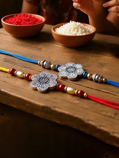 Lucky Jewellery Designer Oxidised Silver Meena Floral Rakhi - Rakshabandhan Rakhee Bracelet for Brother/Bhaiya/Bhai/Bhabhi - Pack of 2 (108-CHR1-1967-S-2)