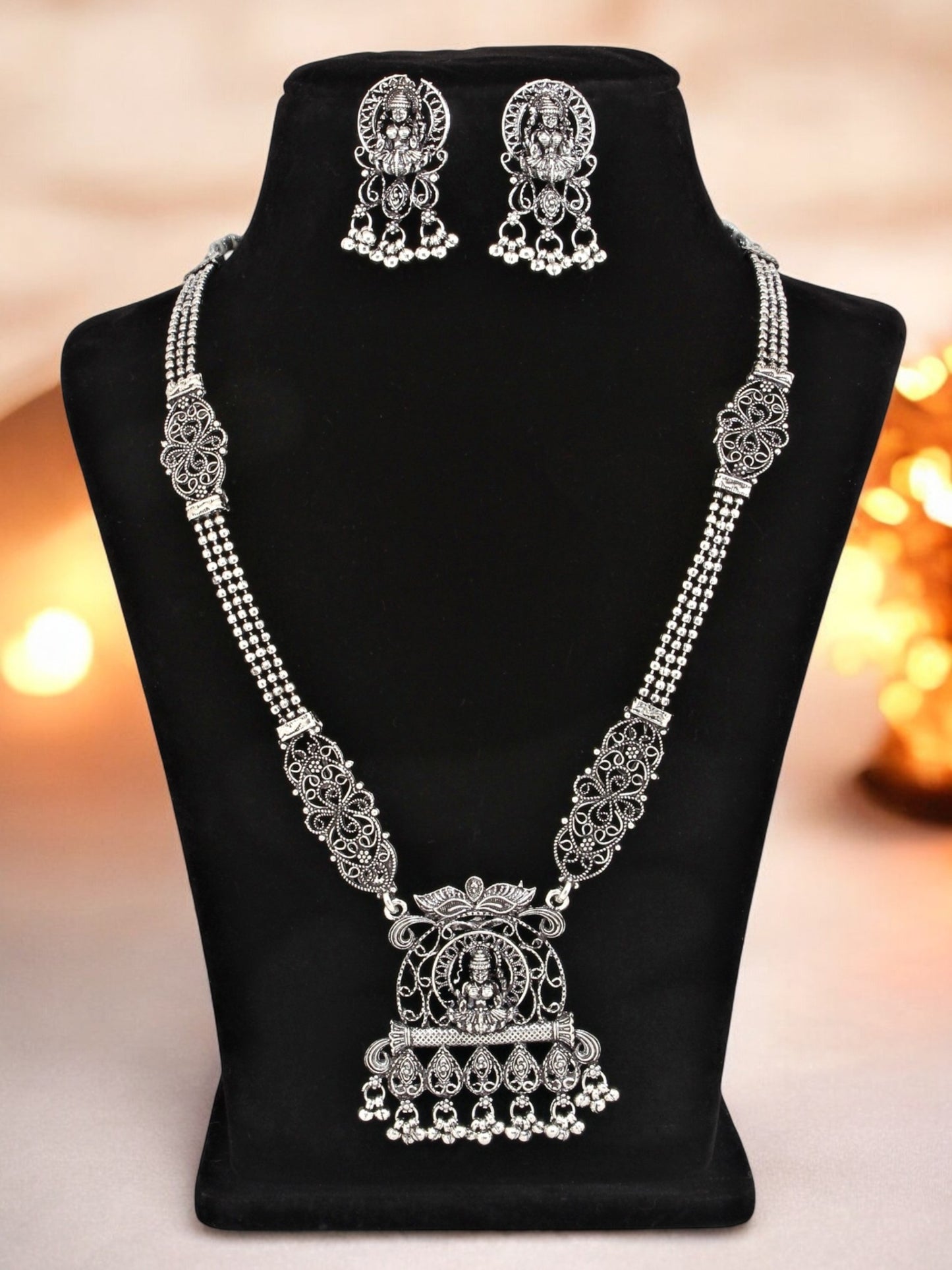 Oxidised Silver Goddess Laxmi Temple Jewellery Necklace Set with Earrings