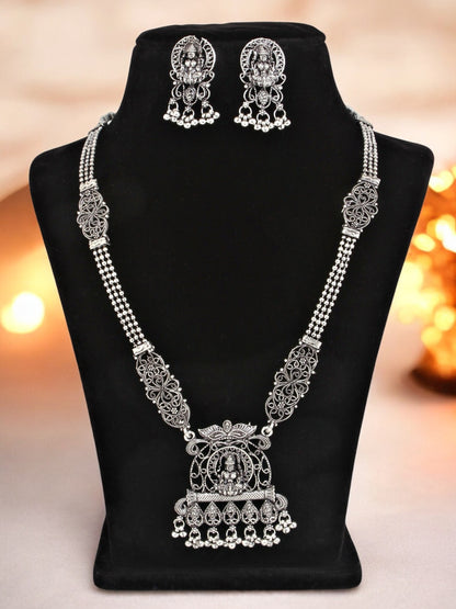 Oxidised Silver Goddess Laxmi Temple Jewellery Necklace Set with Earrings