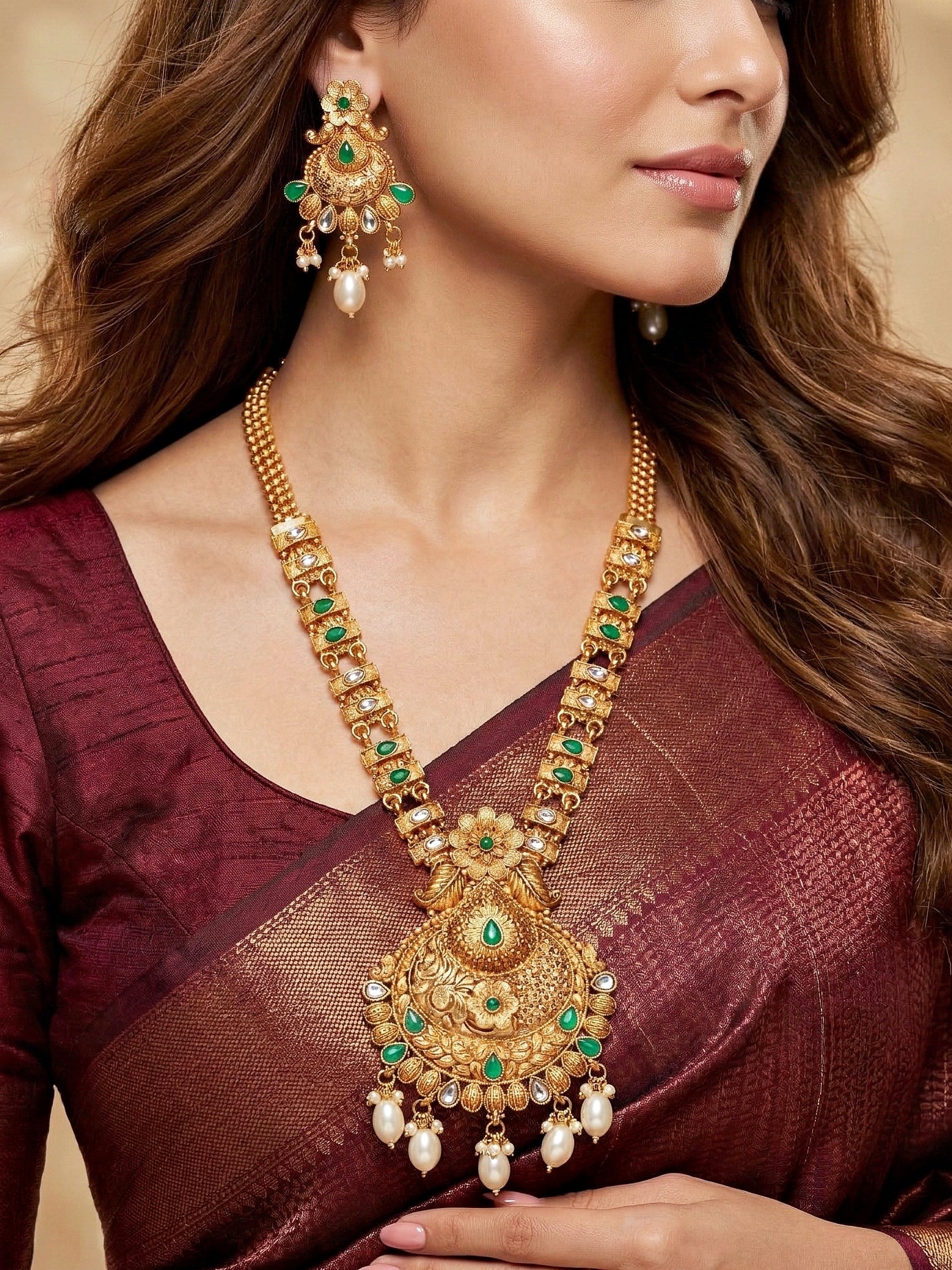 Lucky Jewellery Gold-Plated Green Color Long Necklace Set (660-G2SR-203-G)