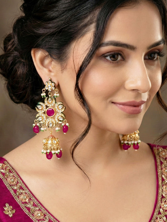 LUCKY JEWELLERY  18K Gold Plated Kundan Jhumka with Red Stone Back Meenakari Earrings for Girls & Women| Designer kundan Jhumkee Earring Set |Birthday Gift Earrings Valentine Anniversary