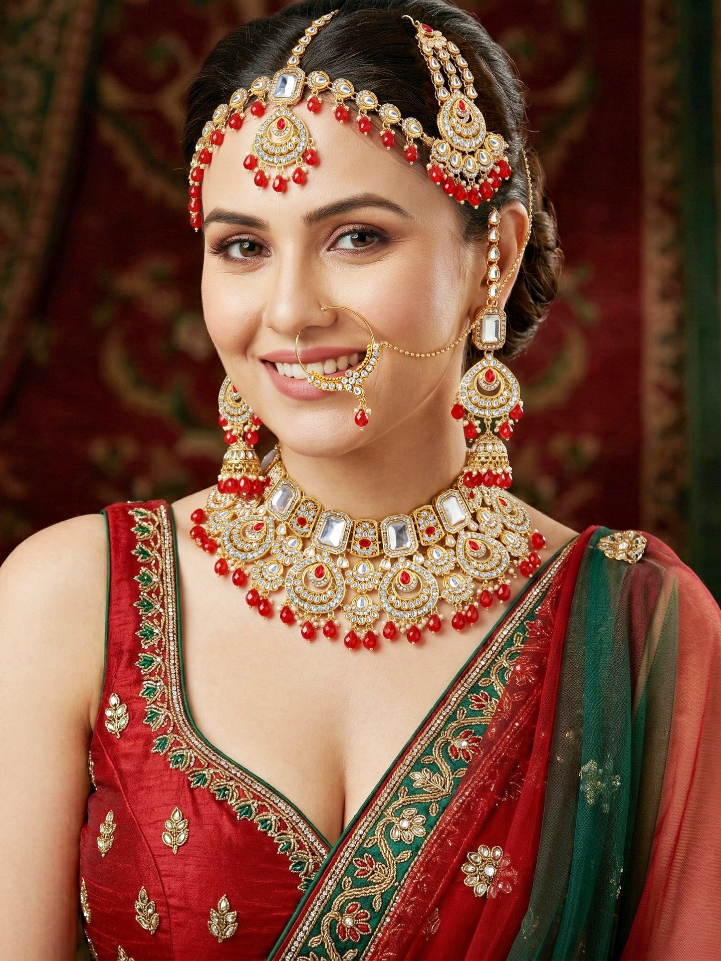 Bridal AD Red Stone Heavy Choker Jewellery Set with Sheesh Patti, Nath & Jhumka (3300-M8ZK-1106-RED)