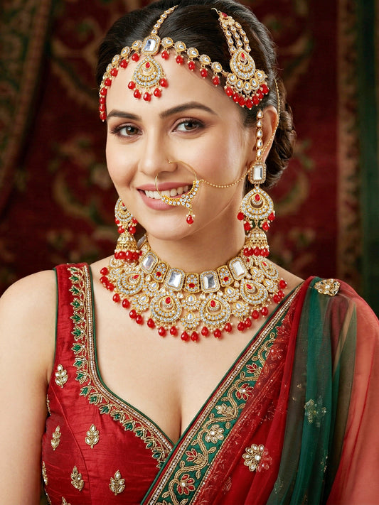 Bridal AD Red Stone Heavy Choker Jewellery Set with Sheesh Patti, Nath & Jhumka (3300-M8ZK-1106-RED)