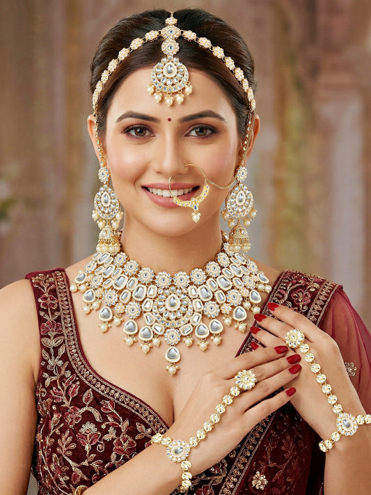 Bridal Kundan White Pearl Choker Jewellery Set with Hathphool & Nath (2541-IZK-554-W)
