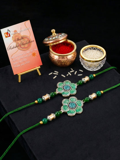 Set of 2 Green Floral Rakhi for Brother with Beads, Gold Accents, Roli & Chawal & Card (106-CHR1-1967-G-S-2-2026)