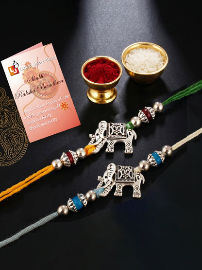 Set of 2 Silver Elephant Rakhi for Brother with Metallic Beads, Roli Chawal & Card (78-JPR1-1961-S-2-2026)
