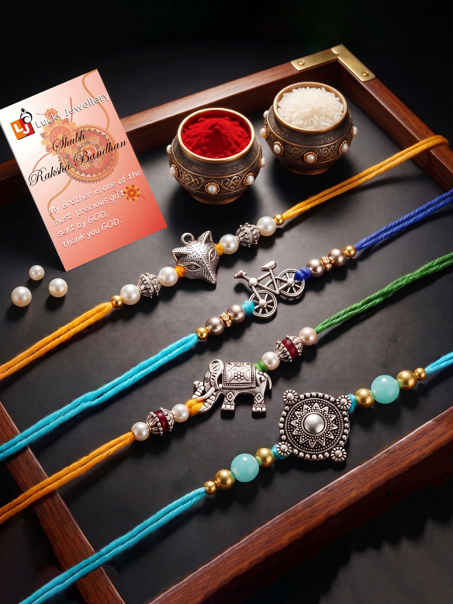 Set of 4 Animal & Cycle Rakhi for Kids with Multi & White Beads, Roli Chawal & Card (122-JPR1-1983-S-4-2026)