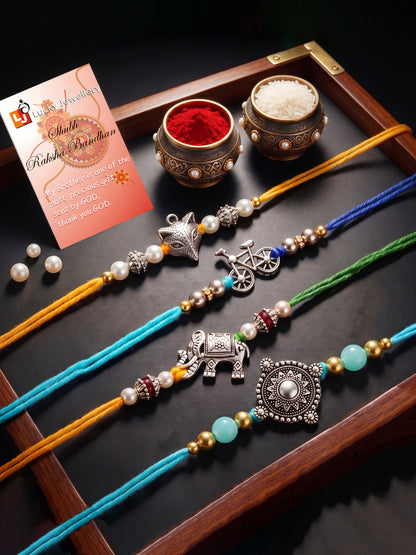 Set of 4 Animal & Cycle Rakhi for Kids with Multi & White Beads, Roli Chawal & Card (122-JPR1-1983-S-4-2026)