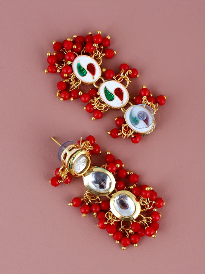 Traditional Back Meenkari Gold Plated uncut kundan Red Earrings