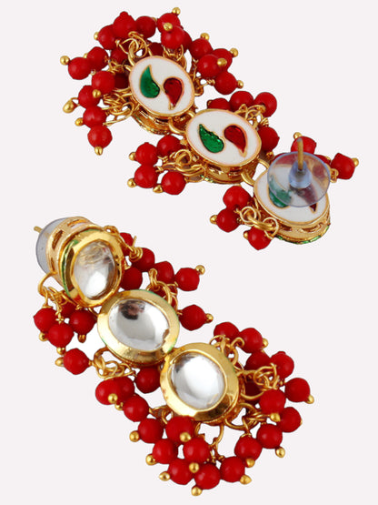 Traditional Back Meenkari Gold Plated uncut kundan Red Earrings