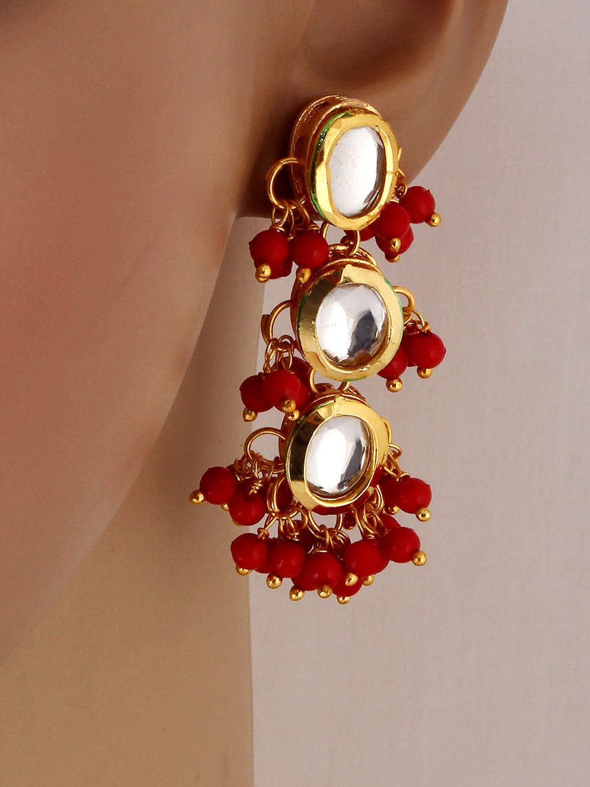 Traditional Back Meenkari Gold Plated uncut kundan Red Earrings