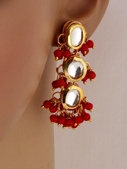 Traditional Back Meenkari Gold Plated uncut kundan Red Earrings