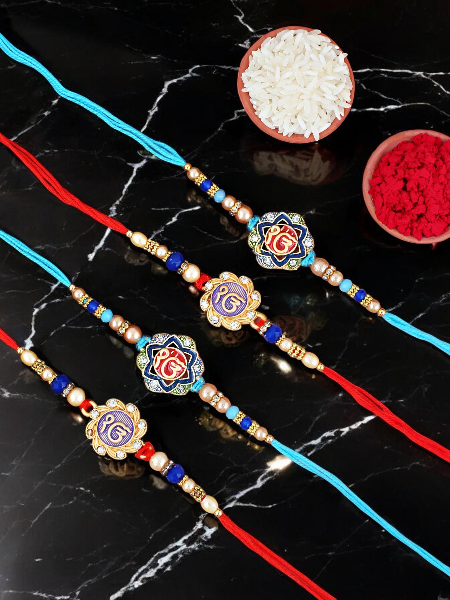 Lucky Jewellery Designer Meena Religious Rakhi - Rakshabandhan Ik Onkar Sikh Sardar Rakhee Bracelet for Brother/Bhaiya/Bhai/Bhabhi - Pack of 4 (230-S5R1-SIKH-4)