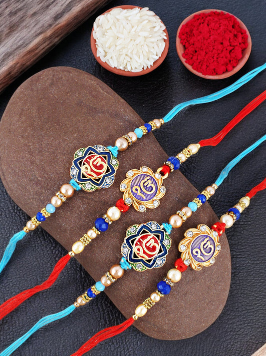 Lucky Jewellery Designer Meena Religious Rakhi - Rakshabandhan Ik Onkar Sikh Sardar Rakhee Bracelet for Brother/Bhaiya/Bhai/Bhabhi - Pack of 4 (230-S5R1-SIKH-4)