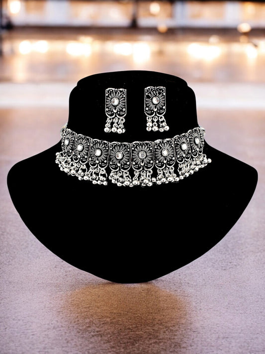 Trendy Oxidised Navratri Jewellery Traditional Choker Necklace and Earrings with Tassled Ghungroo (235-TSO-C71)