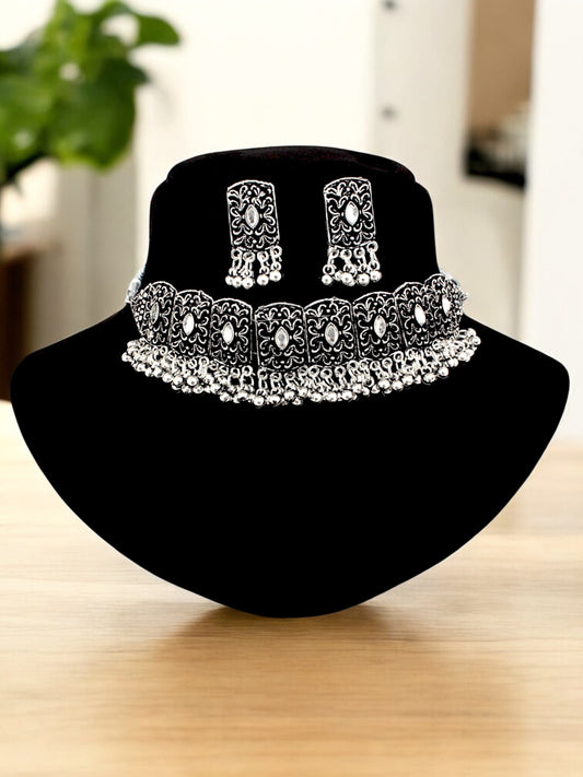 Trendy Oxidised Navratri Jewellery Traditional Choker Necklace and Earrings with Tassled Ghungroo (235-TSO-C73)