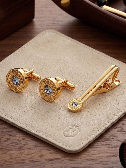Lucky Jewellery Unique Men Jewelry White Color Stone Gold Plated Sleeve Button Formal Cuff Button Wedding Shirt Button, Suit, Blazer Cufflinks with Matching Tie Pin Gift Set For Men (245-M4C5-DCM38-W)