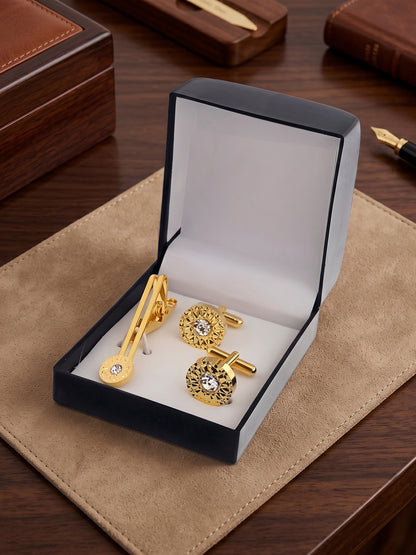 Lucky Jewellery Unique Men Jewelry White Color Stone Gold Plated Sleeve Button Formal Cuff Button Wedding Shirt Button, Suit, Blazer Cufflinks with Matching Tie Pin Gift Set For Men (245-M4C5-DCM38-W)