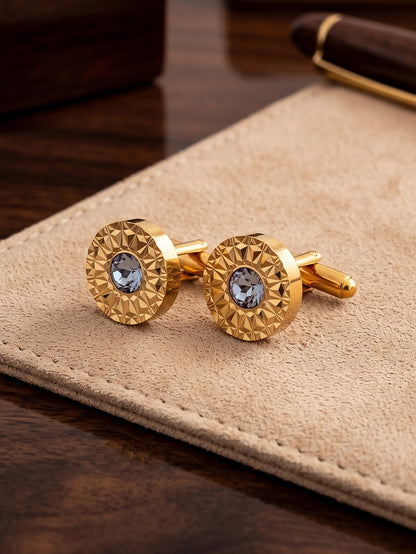Lucky Jewellery Unique Men Jewelry White Color Stone Gold Plated Sleeve Button Formal Cuff Button Wedding Shirt Button, Suit, Blazer Cufflinks Pair Gift Set for Men (245-M4C54-DCM38-W)