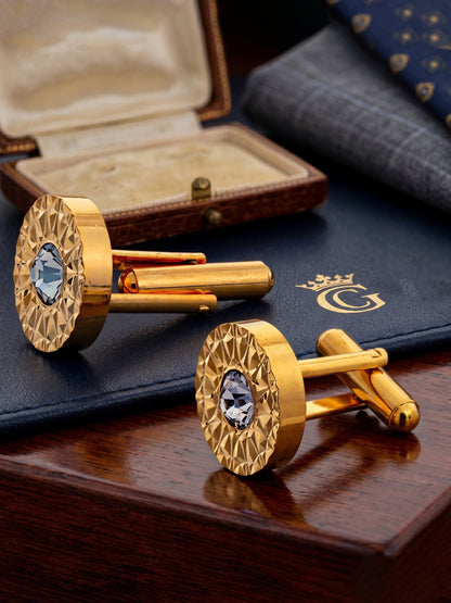 Lucky Jewellery Unique Men Jewelry White Color Stone Gold Plated Sleeve Button Formal Cuff Button Wedding Shirt Button, Suit, Blazer Cufflinks with Matching Tie Pin Gift Set For Men (245-M4C5-DCM38-W)