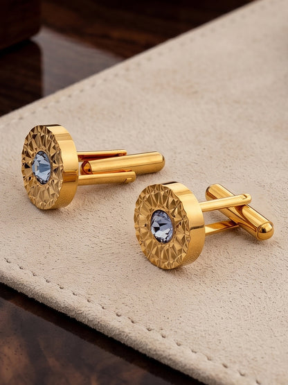 Lucky Jewellery Unique Men Jewelry White Color Stone Gold Plated Sleeve Button Formal Cuff Button Wedding Shirt Button, Suit, Blazer Cufflinks with Matching Tie Pin Gift Set For Men (245-M4C5-DCM38-W)