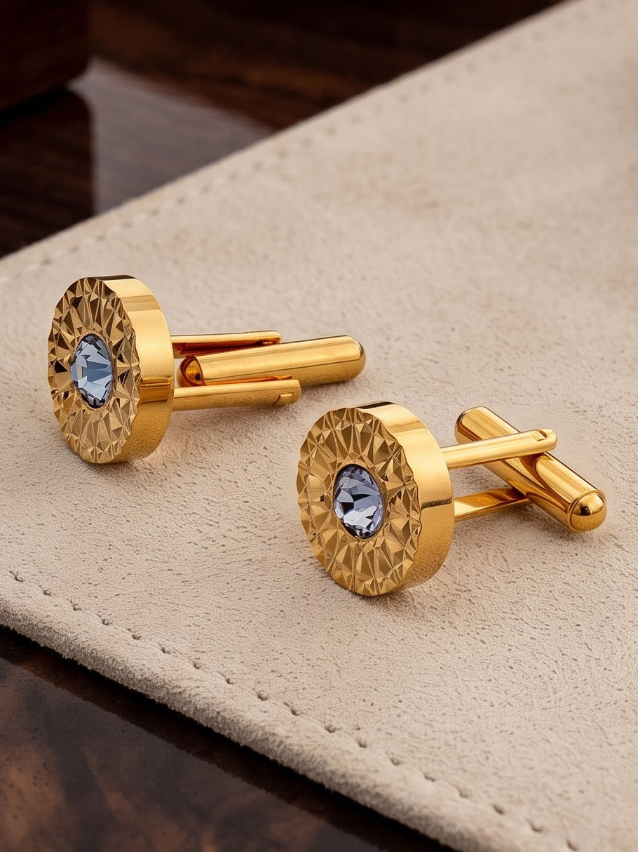 Lucky Jewellery Unique Men Jewelry White Color Stone Gold Plated Sleeve Button Formal Cuff Button Wedding Shirt Button, Suit, Blazer Cufflinks Pair Gift Set for Men (245-M4C54-DCM38-W)