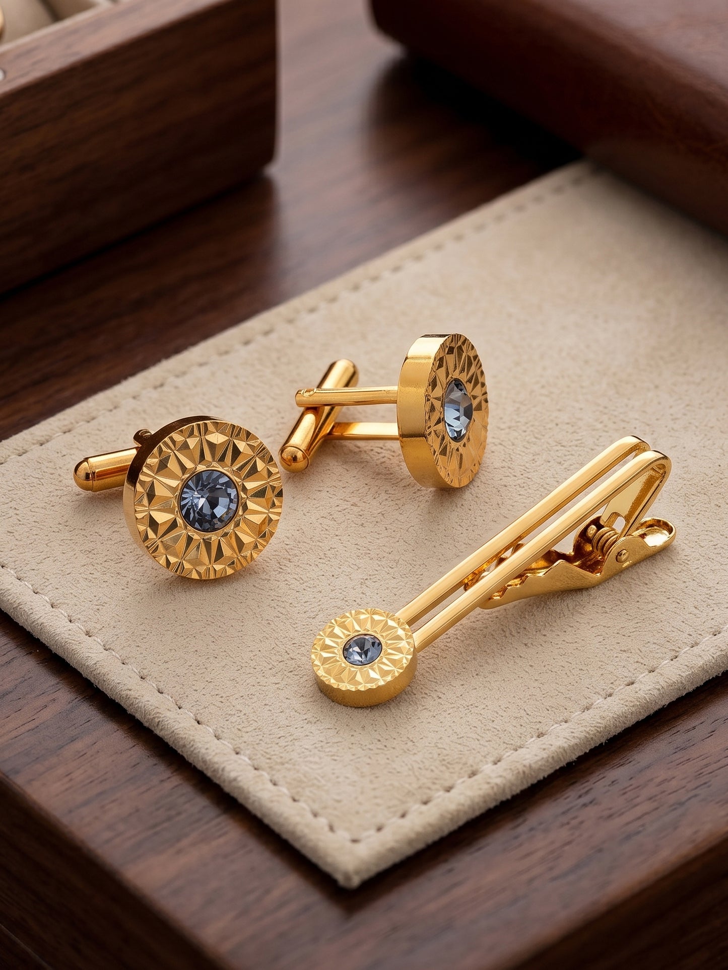 Lucky Jewellery Unique Men Jewelry White Color Stone Gold Plated Sleeve Button Formal Cuff Button Wedding Shirt Button, Suit, Blazer Cufflinks with Matching Tie Pin Gift Set For Men (245-M4C5-DCM38-W)